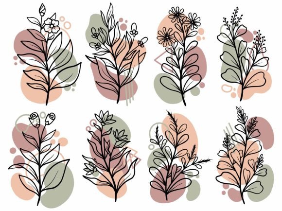 Download Botanical Line Art Flower and Leaves - Premium Resources